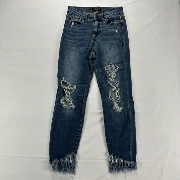 Judy Blue Skinny Fit Distressed Jeans Women's 3/26 Medium Wash Fringe Hem - Picture 2 of 11